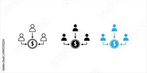 Minimal line icon set. showing multiple people transferring money to a central financial point. Suitable for digital finance, financial networks, investment systems, and economic transaction concepts.