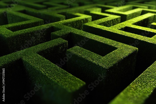 A green hedge maze with intricate pathways and dark shadows.