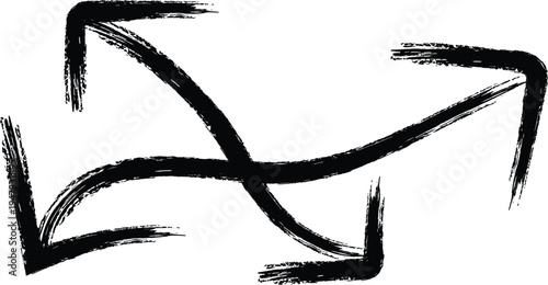 Black abstract arrow symbol, hand drawn curved lines, white background