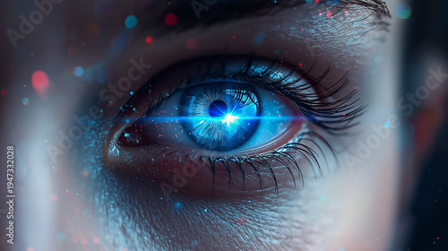 Magic Blue Eye. Close-up portrait of a human eye shining with intense blue light, vibrant floating particles in blue, red, and green swirling around the eye, glowing reflections inside the iris, soft 