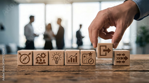 A hand precisely places a wooden block with an exit symbol, concluding a detailed strategic business process, representing a crucial decision or the end of a project phase