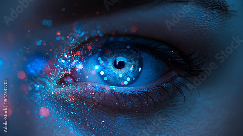 Magic Blue Eye. Close-up portrait of a human eye shining with intense blue light, vibrant floating particles in blue, red, and green swirling around the eye, glowing reflections inside the iris, soft 