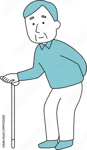 杖をついて立っている高齢男性単色