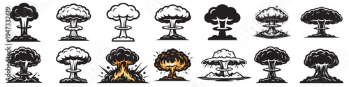 nuclear explosion mushroom cloud icon set with bomb blast, detonation fire and smoke vector illustration collection on transparent background