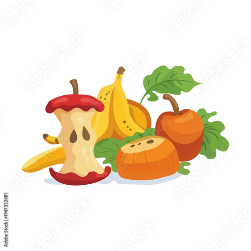 Organic fruit waste for compost bin banana peels apple core citrus skin green leaves eco-friendly kitchen scraps recycling food