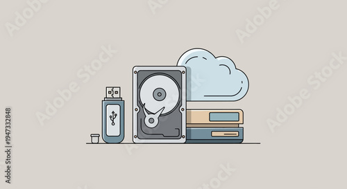 Conceptual illustration of cloud storage and data backup technology with USB drive and hard disk.