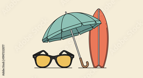 Summer beach essentials including sunglasses umbrella and surfboard illustration.