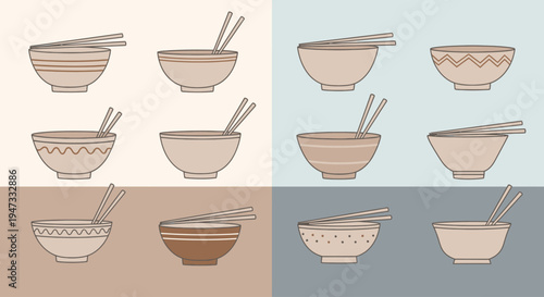 Set of simple brown bowls with chopsticks in various styles and positions.
