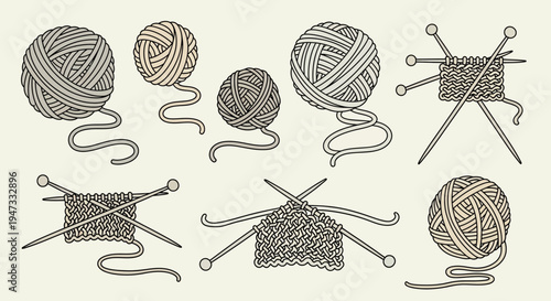 Collection of knitting yarn balls and knitting needles with partially knitted fabric.