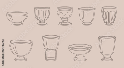 Collection of various simple line art glassware and drinking vessels illustrations.