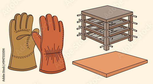 Set of leather gloves and wooden pallet parts for handling and storage tasks.