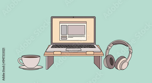 Minimalist workspace with laptop, headphones, and coffee cup on desk.