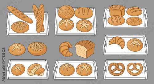 Various types of fresh bread and baked goods displayed on trays.