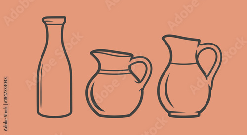 Simple line art illustration of three different milk jugs on a brown background.