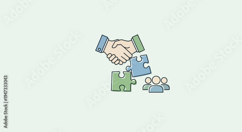 Conceptual illustration of teamwork and collaboration with puzzle pieces and handshake.