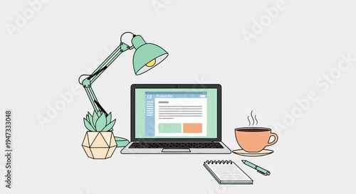 Minimalist workspace with laptop, desk lamp, coffee cup, and notebook.