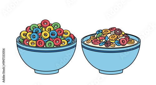 Two bowls filled with colorful breakfast cereal loops and rings.