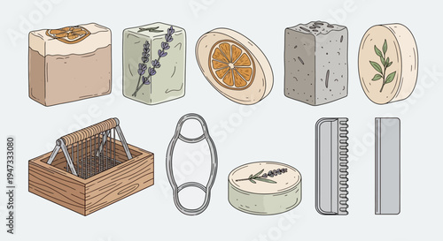 Collection of various natural and handmade soap bars with different shapes and ingredients.