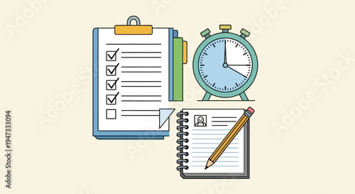 Checklist and stopwatch with notebook and pencil for task management and time tracking.