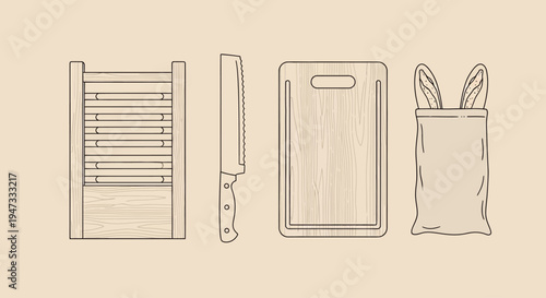 Minimalist kitchen utensils including grater, cutting board, and knife holder with utensils.