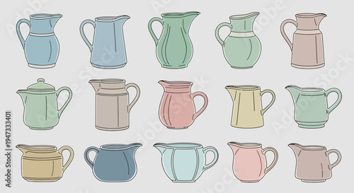 Collection of colorful vintage ceramic pitchers and jugs in various shapes and sizes.