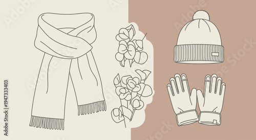 Winter clothing accessories including scarf, gloves, hat and floral decoration.