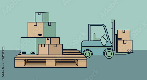 Illustration of a forklift loading cardboard boxes onto a wooden pallet in a warehouse.