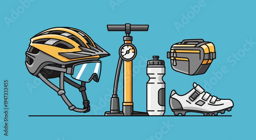 Essential cycling gear including helmet, pump, water bottle, saddle bag, and shoes.