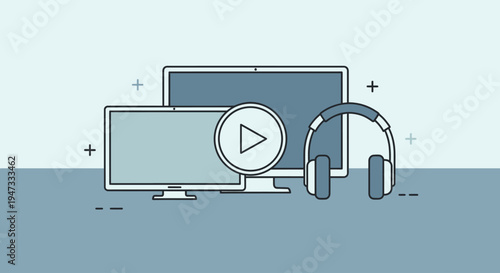 Digital multimedia devices including computer monitor, tablet, and headphones for entertainment and communication.