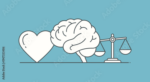 Conceptual illustration of mental health balance with heart brain and scales.