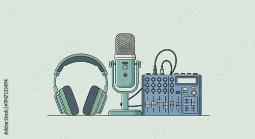 Vintage style podcasting setup with microphone headphones and audio mixer.