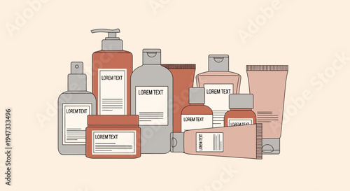 Collection of various skincare and cosmetic product containers in neutral tones.