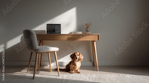 Minimalist sunlit home office with wool chair, wooden desk and dachshund dog for interior design background and workspace concept