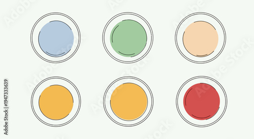 Set of six colorful circular paint swatches arranged in two rows on white background.
