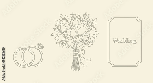 Elegant wedding invitation design with floral bouquet and rings.