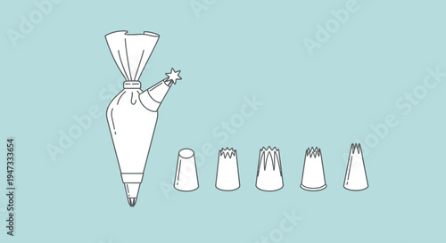 Set of various piping nozzles and piping bag for cake decoration.
