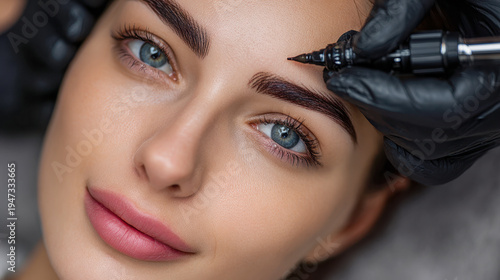 Woman receiving professional eyebrow microblading treatment with precise pen tool to enhance natural brow shape and create fuller, defined look