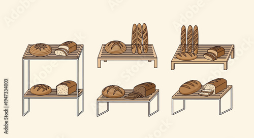 Various types of freshly baked bread displayed on wooden and metal shelves.