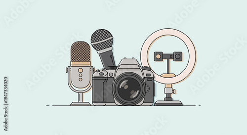 Vintage microphone, classic camera, and ring light representing multimedia and content creation tools.