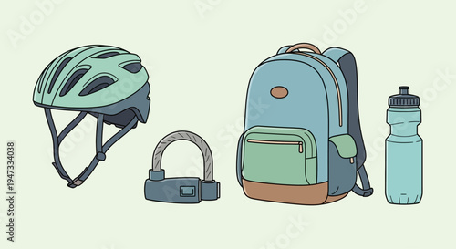 Essential cycling gear including helmet, lock, backpack, and water bottle for safe and convenient bike rides.
