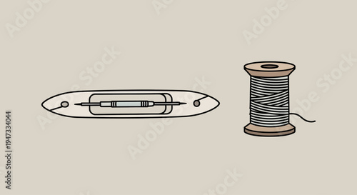 Illustration of a sewing needle and a spool of thread on a plain background.