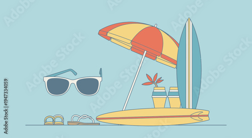 Summer beach essentials including sunglasses, umbrella, surfboard, and tropical drinks.
