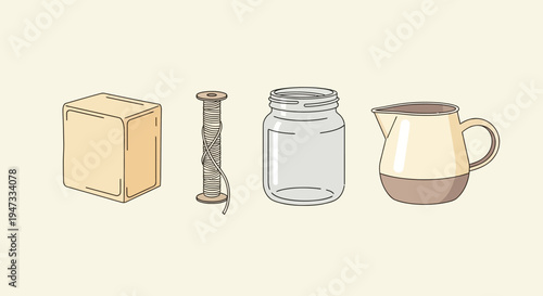 Hand-drawn illustration of a cardboard box, a spool of thread, a glass jar, and a ceramic pitcher.