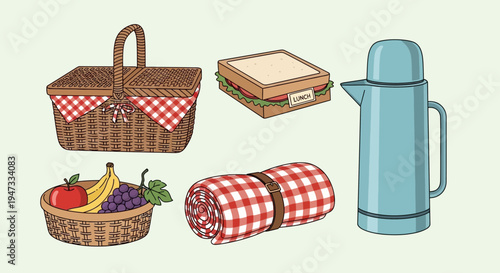 Collection of picnic items including basket, sandwich, thermos, fruit bowl, and blanket.