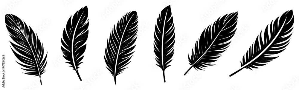 Fototapeta premium Black Feather Silhouettes Set, Collection of Different Bird Feathers for Tattoo and Design, Vector Wing Quill Icons Isolated on White