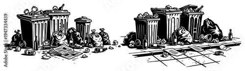 Street Trash Cans and Garbage Bags Silhouettes, Urban Pollution and Waste Management Concept with Litter and Recycling Bins Vector Illustrations