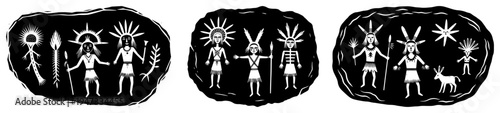 Primitive Petroglyph Rock Art Silhouettes, Ancient Cave Paintings of Indigenous Tribes with Spears and Sun Symbols, Tribal History Vector