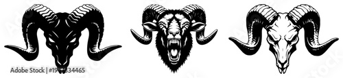 Ram Head and Skull Silhouette Set, Bighorn Sheep and Goat Icons with Large Curved Horns, Zodiac Aries Symbol Vector Illustrations