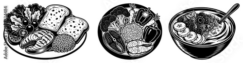 Healthy Balanced Meal Set with Grilled Salmon and Rice, Fresh Fruit Yogurt Bowl and Salad Illustrations for Diet and Nutrition Vector