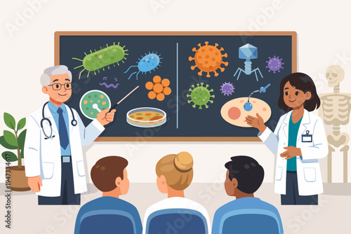 Medical Teachers and Doctors Teaching Students About Viruses and Bacteria on a Blackboard in a Classroom, Science Education and Microbiology Lesson Vector Illustration with Skeleton and Plant